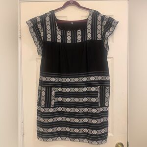 Aztec Print Tunic Black & White Embroidered Midi Dress.         2797
